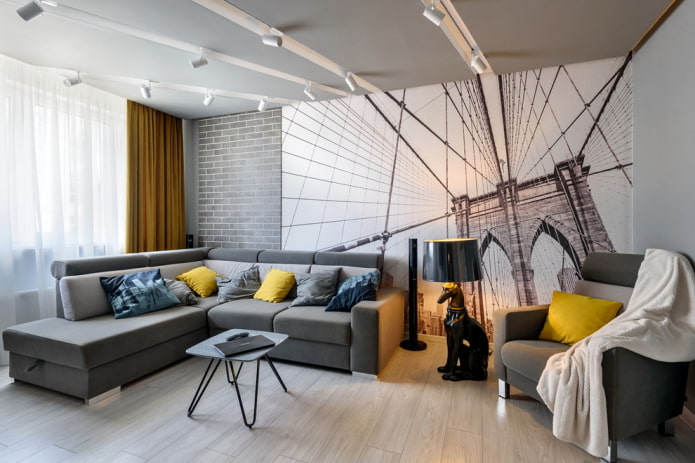 wall mural in gray living room