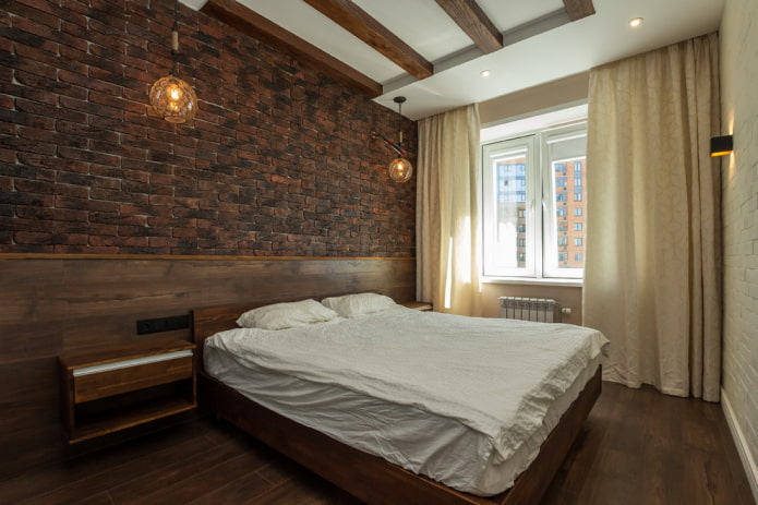 Interieur eines braunen Schlafzimmers im Loft-Stil