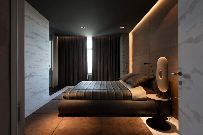 Interieur eines braunen Schlafzimmers im Stil des Minimalismus