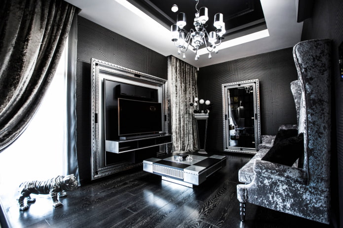 Wohnzimmer in Schwarz und Silber