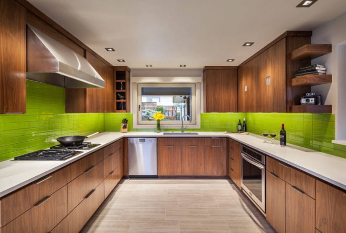 kitchen design in green-brown tones