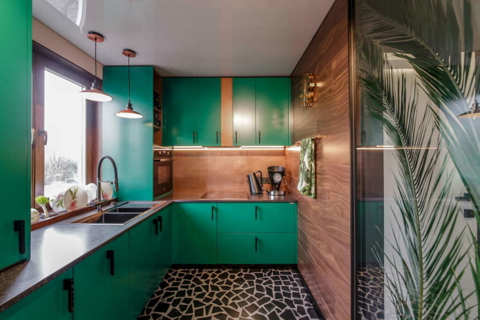 kitchen design in green-brown tones