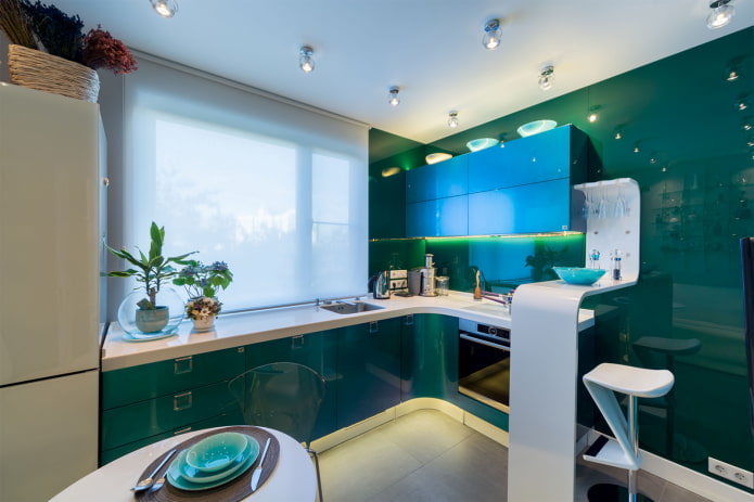 kitchen design in blue-green tones