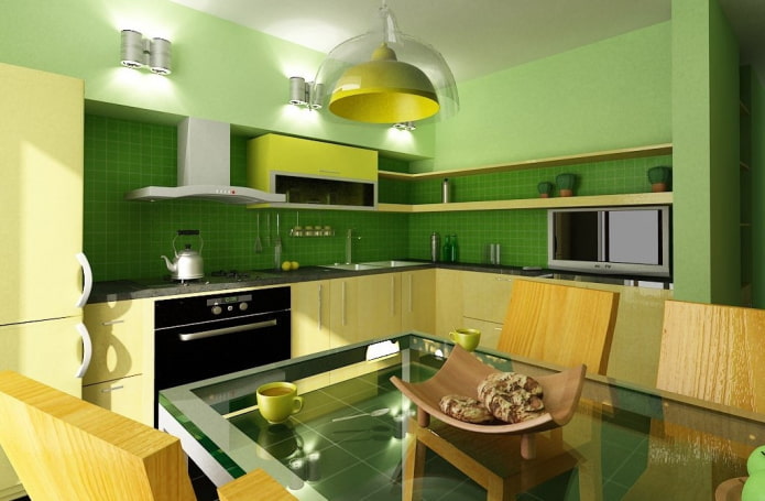 Kücheninterieur in gelb-grünen Tönen