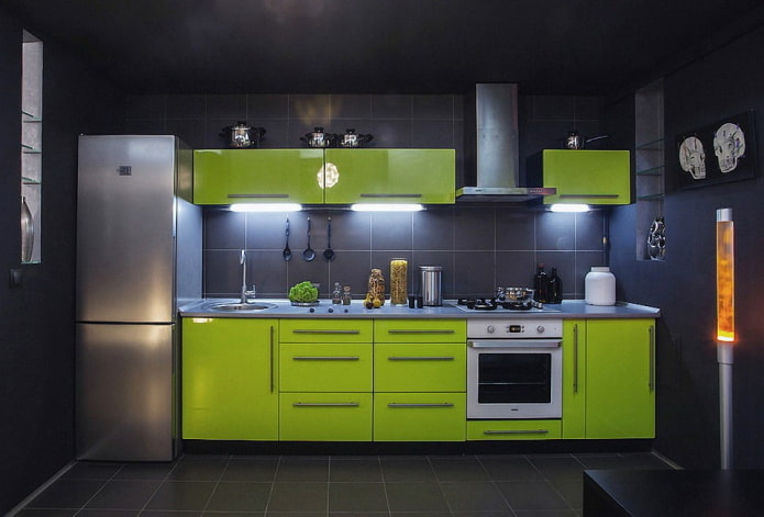 konyha belső fekete és zöld színben