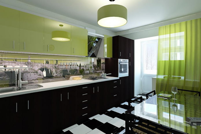 ภายในห้องครัวสีดำและสีเขียว