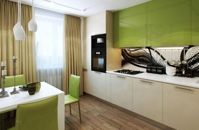 kitchen interior in beige and green tones