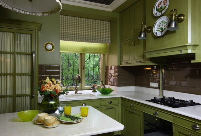 curtains in the interior of the kitchen in green tones
