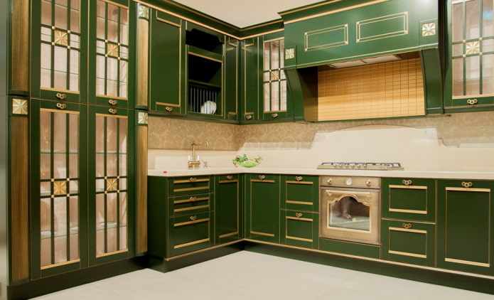 kitchen interior in beige and green tones