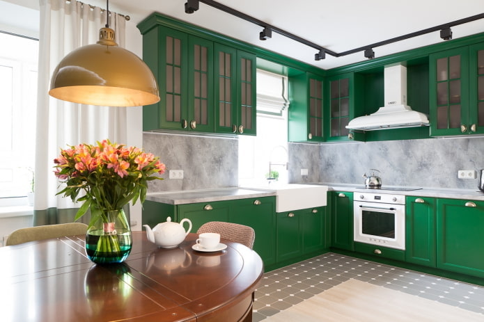 furnishings in the interior of the kitchen in green tones
