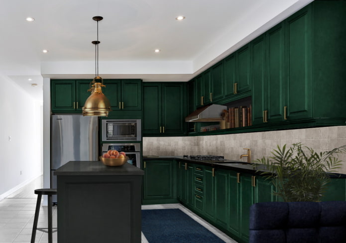 konyha kialakítása sötétzöld színben