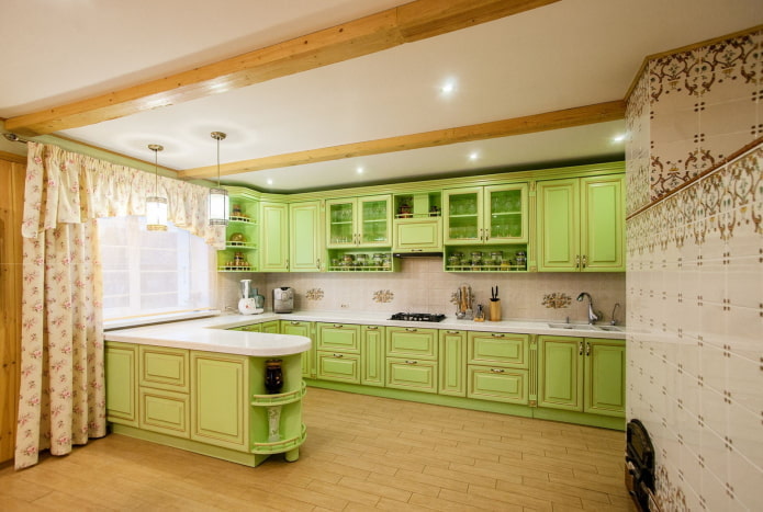 kitchen in green tones in Provence style