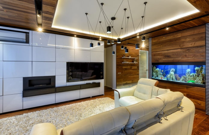 living room interior with aquarium
