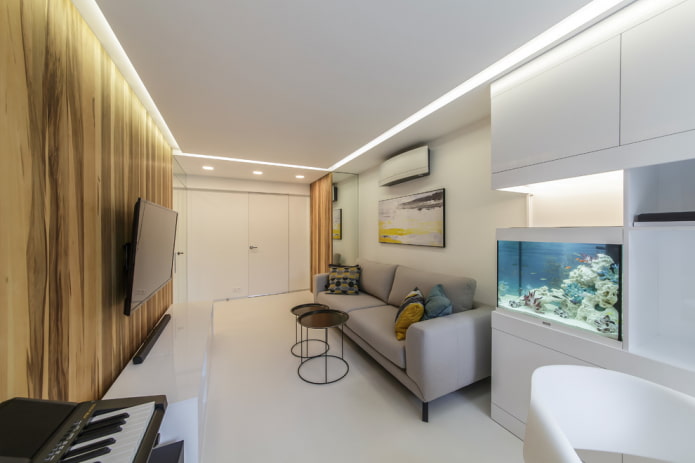 loob ng isang apartment na may isang aquarium
