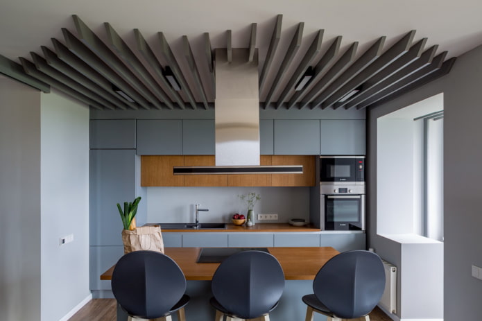 slats on the ceiling in the kitchen