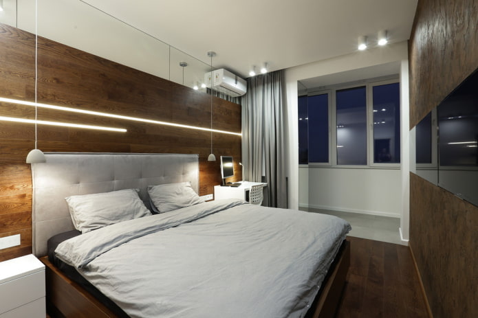 bedroom with a balcony in the style of minimalism
