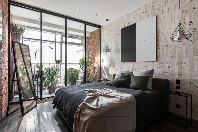 Innenarchitektur eines Schlafzimmers kombiniert mit einer Loggia