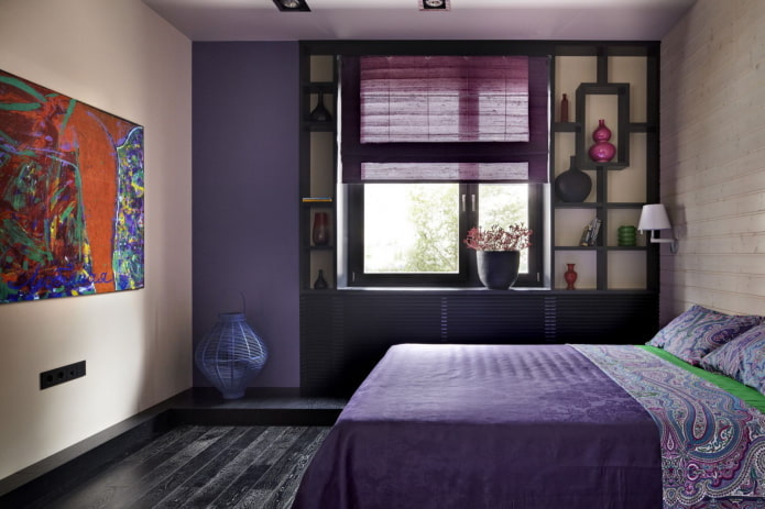 bézs és lila hálószoba belső