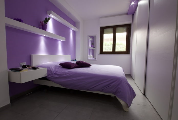 white and lilac bedroom interior