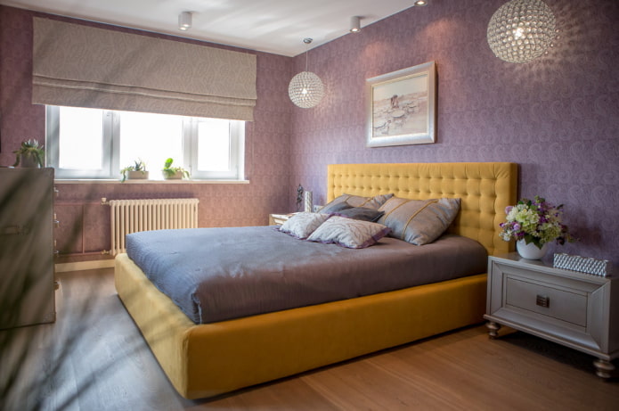 lilac and yellow bedroom interior