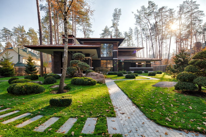 landscape design of the house in the Scandinavian style
