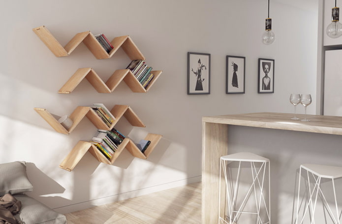 zigzag wall shelves in the interior