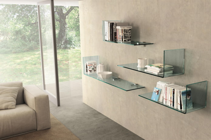 glass wall shelves in the interior