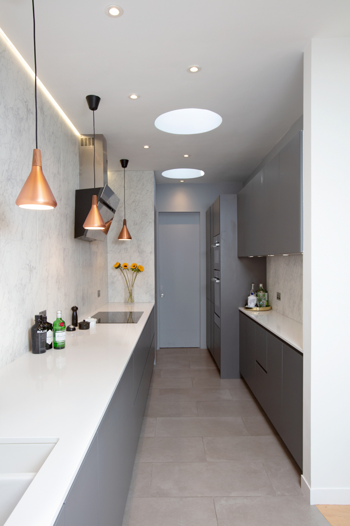 narrow kitchen in gray tones