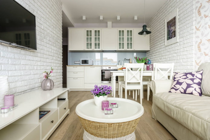 การออกแบบห้องครัว-ห้องนั่งเล่นขนาดเล็กในสไตล์โปรวองซ์