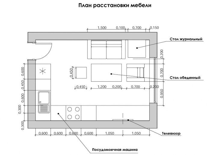 plan for the arrangement of furniture in the kitchen-living room
