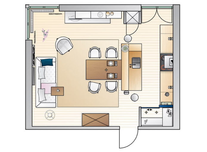 ein Beispiel für die Anordnung von Möbeln in einer kombinierten Küche mit Wohnzimmer