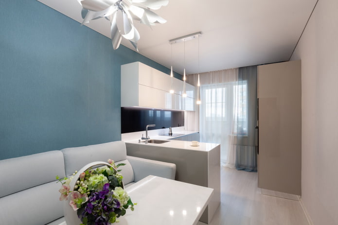 design of a rectangular kitchen-living room