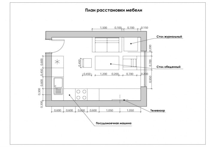 layout of the kitchen-living room with an area of ​​12 squares