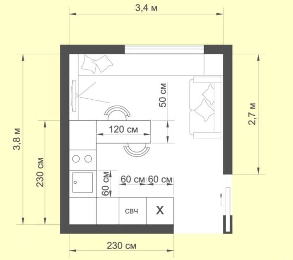 layout of the kitchen-living room with an area of ​​12 squares