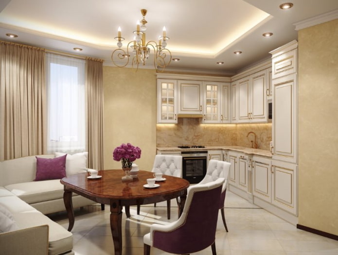decoration of the kitchen-living room in a classic style