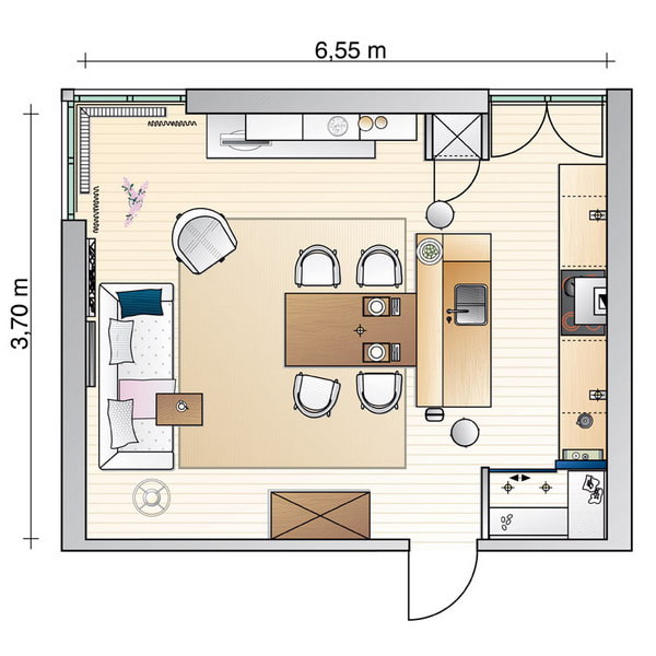 Square layout of the kitchen-living room