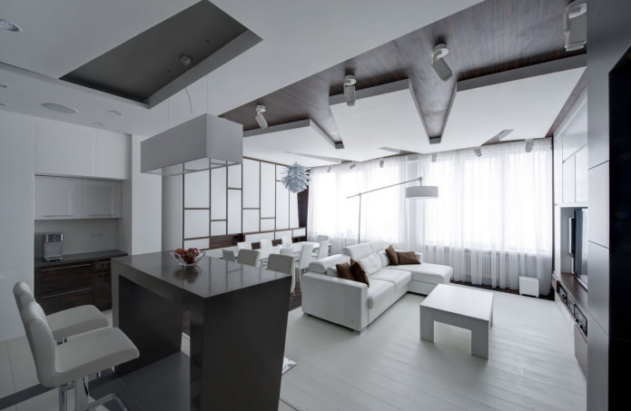 ceiling design in the interior of the kitchen-living room