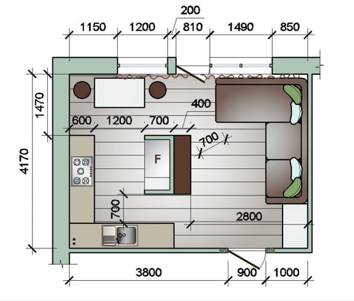 rectangular kitchen-living room 16 squares