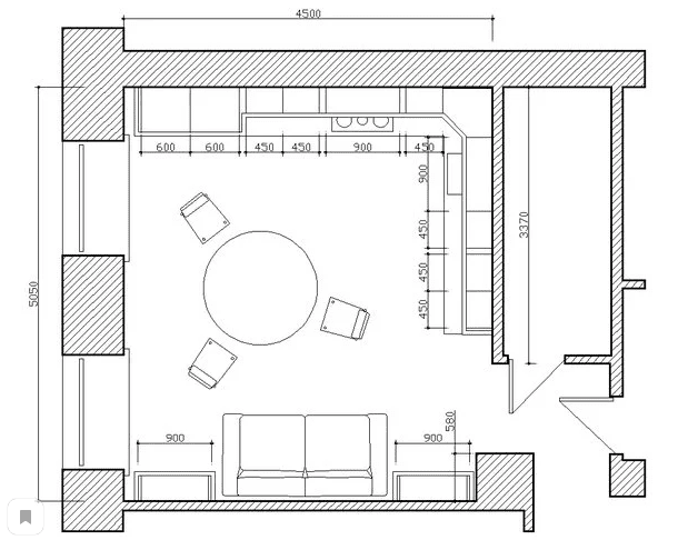négyzet alakú konyha-nappali 16 négyzetméter.