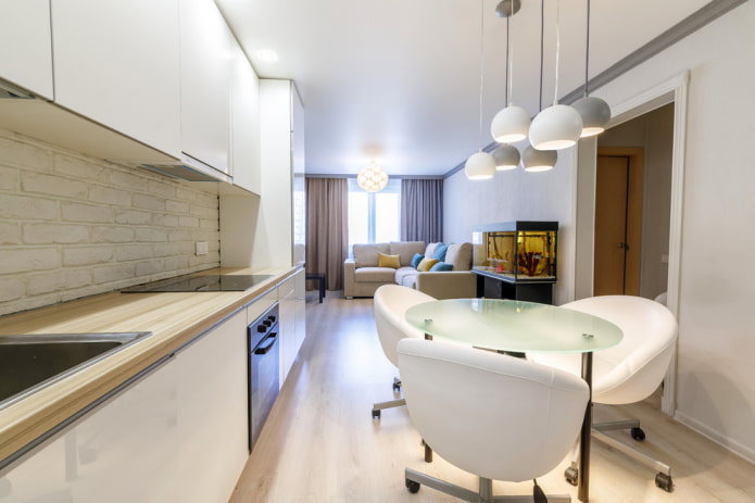 rectangular kitchen-living room design