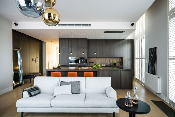 square kitchen-living room design