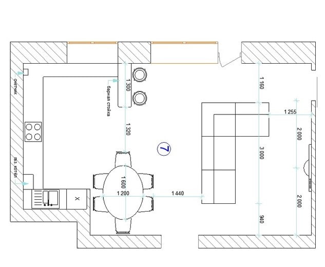 Küche-Wohnzimmer-Aufteilung 30 Quadrate