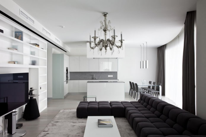 design of the kitchen-living room in the style of minimalism