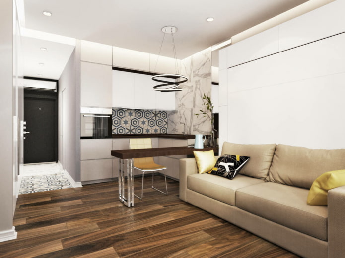 the location of the sofa in the interior of the kitchen-living room
