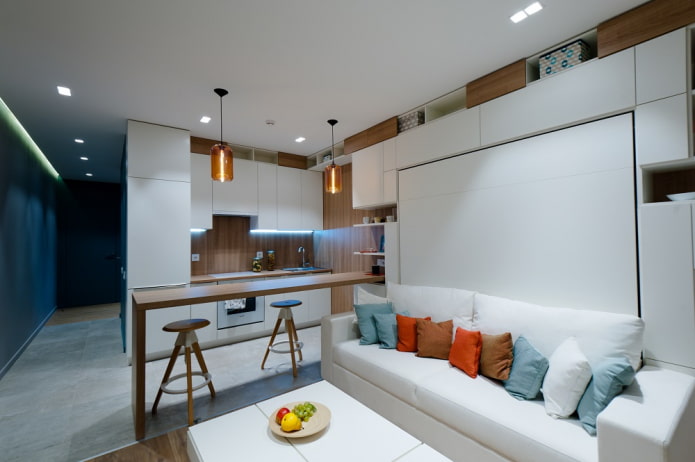 zoning of the kitchen-living room with an area of ​​15 squares