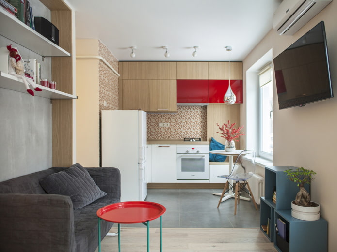Design einer kleinen Küche kombiniert mit einem Wohnzimmer