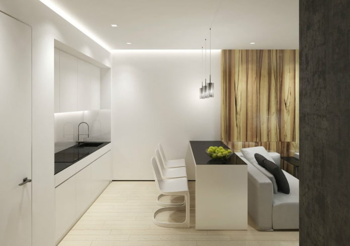 the interior of the kitchen-living room 15 squares in the style of minimalism