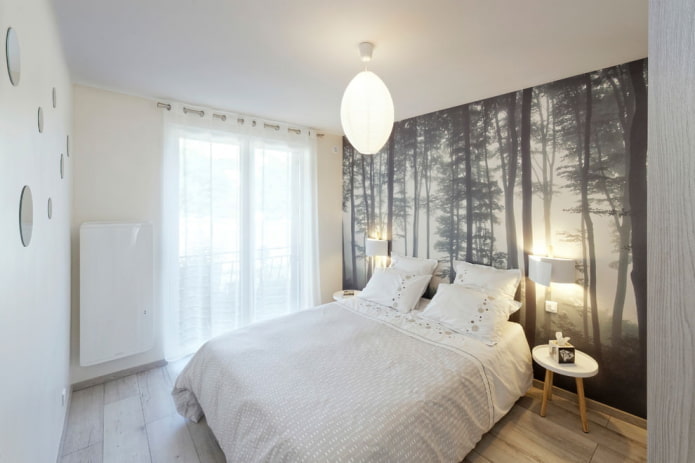 wallpaper with the image of the forest in the bedroom