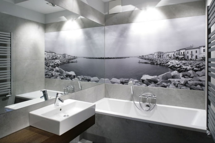 small bathroom with photo wallpaper