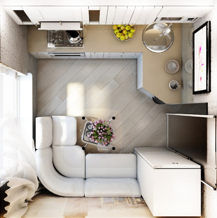Layout of the kitchen-living room with a corner sofa